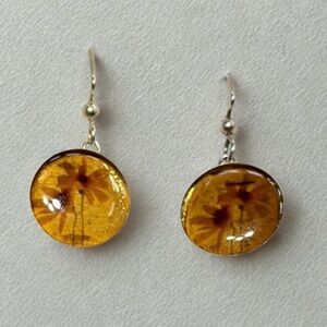 Silver, FloralMinimalist Dangle Earrings with Amber Glass Pendants